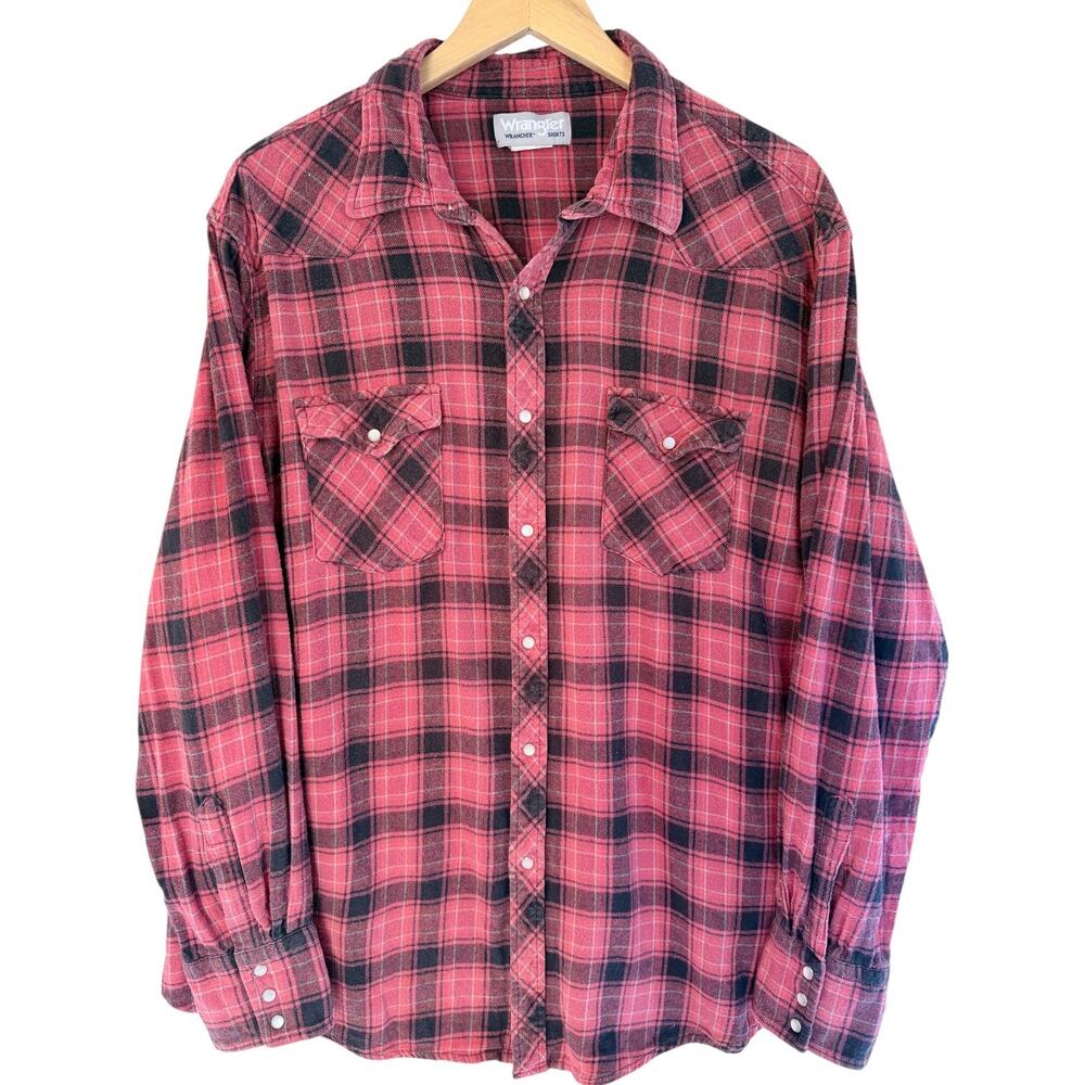 Wrangler Rancher Flannel Shirt Mens XXL Red Black Plaid Pearl Snap Western